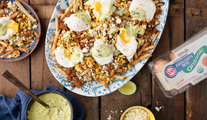 Mexican Street Corn (Elote) Fries with Poached Eggs and Roasted Poblano Hollandaise